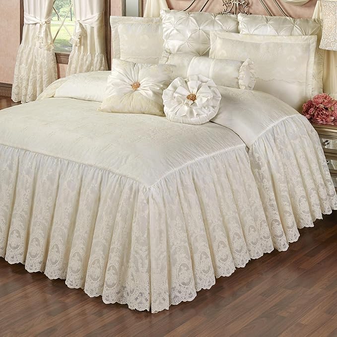 Cameo Lace Luxury Washable Polyester Bedding Set | Vintage Elegant | Pearl | Scroll Leaf Floral Cameo Quilting Embroidered | Set of Five: Full Bedspread, Two Standard Shams, Square and Round Pillows