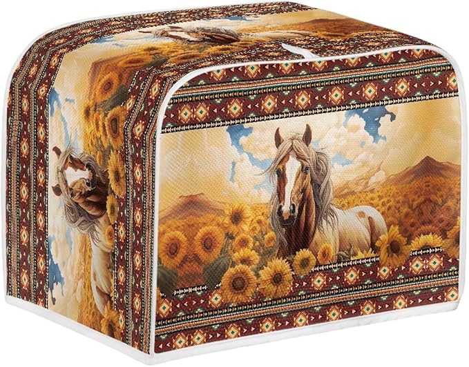Aztec Horse Sunflower Printed Toaster Cover for Home, Tribal Horse Printed Bread Maker Cover Dirt and Fingerprint Protection, 2 Slice Toaster Oven Covers Kitchen Accessories