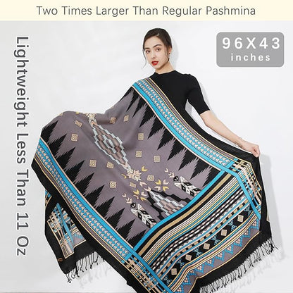 DANA XU 100% Merino Wool Pashmina Shawl for Women 96"x43", Oversized Cashmere Wrap with Tassels, Floral Travel Blanket Cape