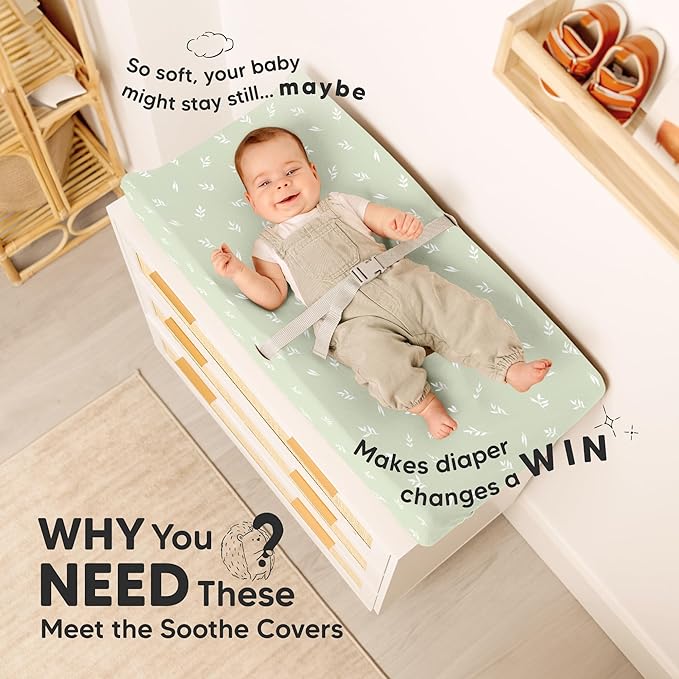 2-Pack Organic Changing Pad Covers for Girl, Boy, Neutral - 100% Cotton Changing Table Pad Cover, Soft Baby Nursery Diaper Changing Pad Sheets, Contour Changing Pads Liners, Change Pad Cover (Herb)