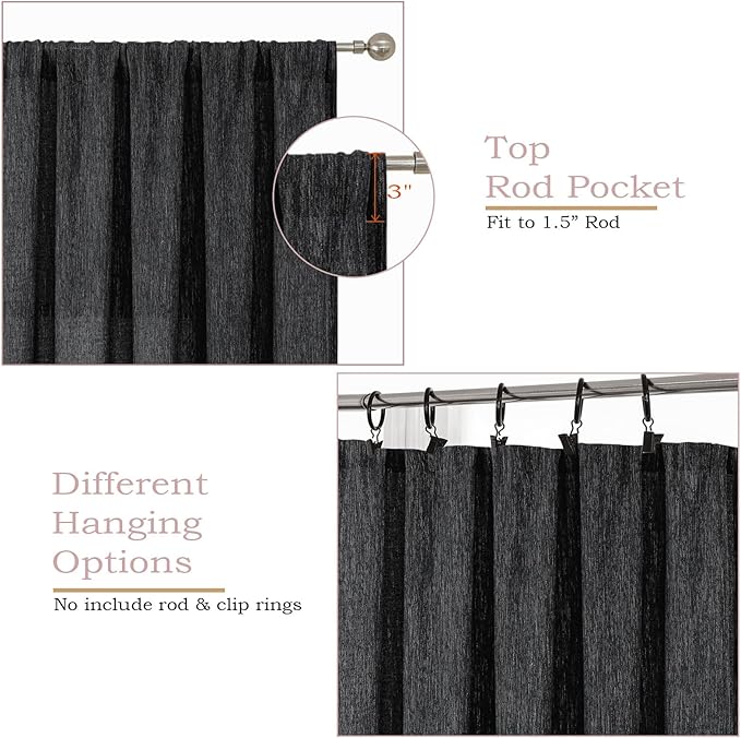 Simplebrand Black Semi Sheer Faux Linen Textured Curtains 54 Inch Length 2 Panels Set, Rod Pocket Farmhouse Short Curtain Drapes for Dinning Small Windows Bathroom Bedroom, Each 40Wx54L in, Black