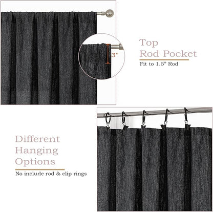 Simplebrand Black Semi Sheer Faux Linen Textured Curtains 54 Inch Length 2 Panels Set, Rod Pocket Farmhouse Short Curtain Drapes for Dinning Small Windows Bathroom Bedroom, Each 40Wx54L in, Black