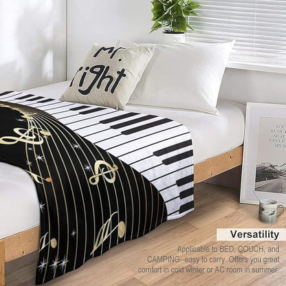 Music Note Blanket Black White Piano Keys Gold Music Note Soft Cozy Lightweight Throw Blanket for Kids Girls Boys Bedroom Living Room Dorm Chair Sofa Travel 50x60in