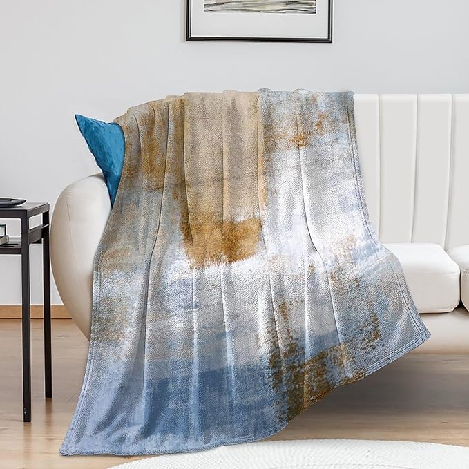 Abstract Gradient Blanket, Modern Fashion Art Blue Brown Painting Strokes Pattern Soft Warm Cozy Plush Flannel Covers for Livingroom Bedroom Couch Chair Camping Travel Home Decor Tapestry 50x60in