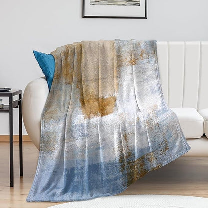 Abstract Gradient Blanket, Modern Fashion Art Blue Brown Painting Strokes Pattern Soft Warm Cozy Plush Flannel Covers for Livingroom Bedroom Couch Chair Camping Travel Home Decor Tapestry 30x40in