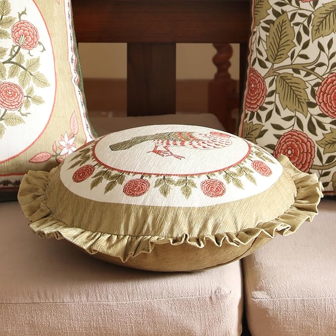 Round Throw Pillow Covers Pack of 2,Cozy Velvet Farmhouse with Bird and Floral Pattern Pillowcases,Decor Pillows Cushion Covers for Couch Sofa Bed Car Chair,Diameter 16"