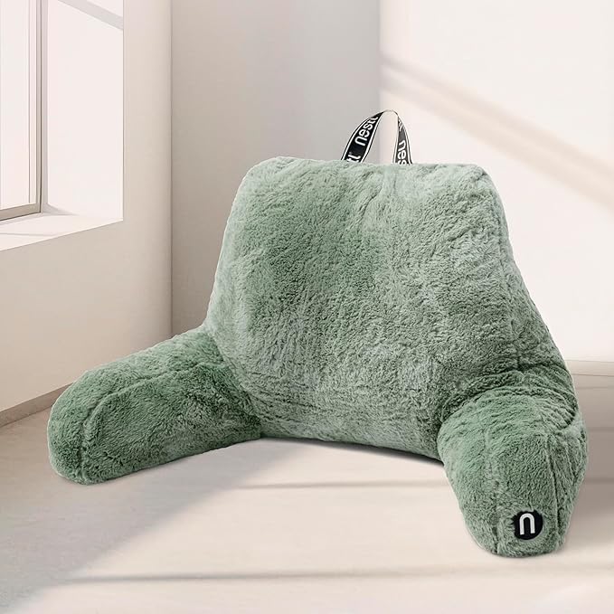 Nestl Fur Reading Pillow, Stylish Back Pillow for Bed Sitting Up, Faux Fur Bed Chair Pillow with Arms, Reading Pillows for Sitting in Bed Adult & Kids, Back Support Pillow for Bed Rest - Sage Green