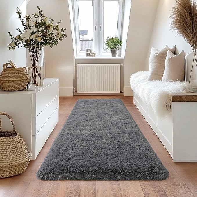Deep Grey Runner Rug for Hallway, Bedroom Bedside Plush Rugs, Non Slip Fluffy Shaggy Carpet for Kids Home Decor, Dorm Nursery 2x6 Ft