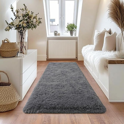 Deep Grey Runner Rug for Hallway, Bedroom Bedside Plush Rugs, Non Slip Fluffy Shaggy Carpet for Kids Home Decor, Dorm Nursery 2x6 Ft
