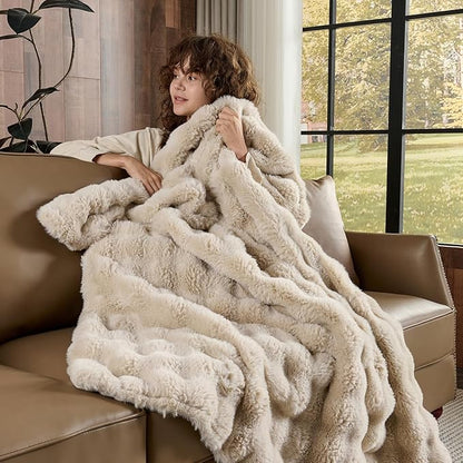 Lotus Karen Faux Fur Throw Blanket Linen - 800 GSM Bubble Rabbit Fluff Blanket for Couch Bed Sofa,Softest Fluffy Fuzzy Cozy Blanket,Thick Furry Plush Shaggy Warm Blankets for Women,90x90 Inches