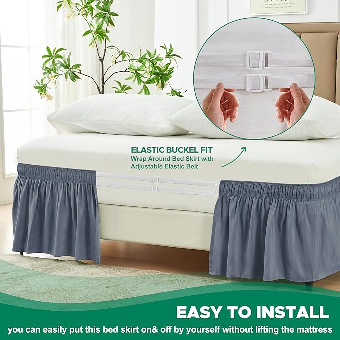 Biscaynebay Wrap Around Bed Skirts for King & Cal King Beds 22" Long Drop, Dark Grey Adjustable Elastic Dust Ruffles Easy Fit Wrinkle Resistant Silky Luxurious Fabric Machine Washable
