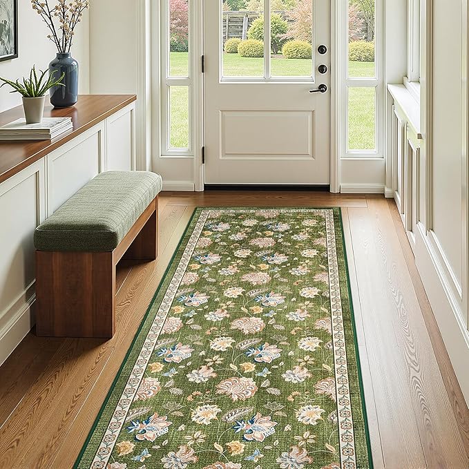 jinchan Elora 3x10 Floral Runner Rug for Hallway Washable Runner Vintage Romance Christmas Design Non Slip Thin Indoor Floor Cover Low-Profile Throw Carpet for Entryway Bathroom Bedroom Porch, Green