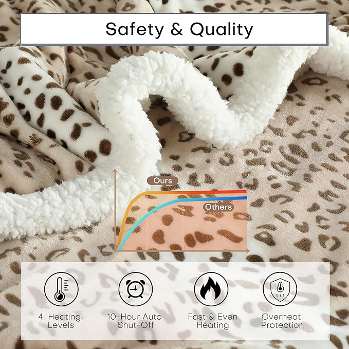 Electric Heated Blanket Queen Size 84"x90" - Dual-Sided with Microplush & Sherpa Fabric, 4 Heat Settings & 10 Hours Auto Off - Beige Leopard Print