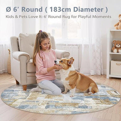 Abstract Living Room Rug 6x6 - Modern Washable Soft Thin Area Rug for Living Room Bedroom Under Dining Table - Neutral Indoor Floor Rug Carpets for Home Office Playroom Nursery - Blue Gold