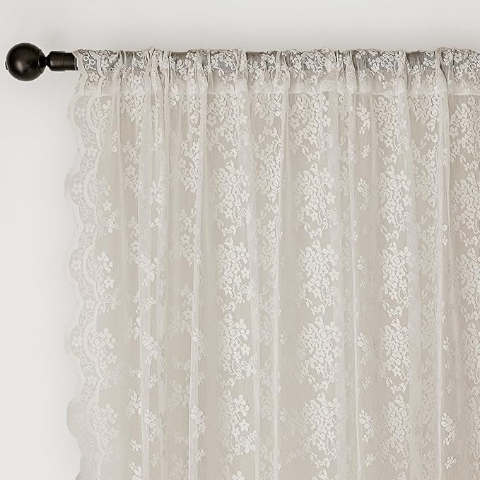 Anmao Vintage Lace Curtains 84 Inches Long 2 Panels Set, Romantic Elegant Light Filtering Semi Sheer Floral Thick Lacy Curtain Drapes for Living Room and Bedroom, Each Panel 55W x 84L, Beige Plum