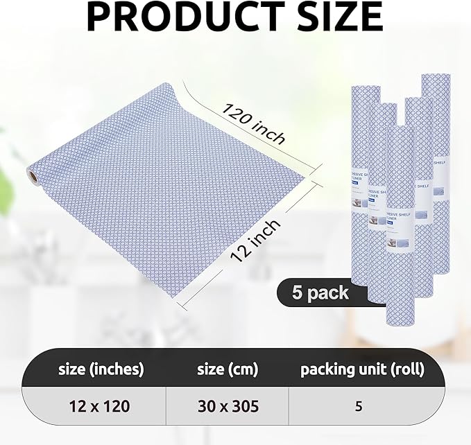 RAY STAR 12X120 Inch Shelf Liner for Kitchen Cabinets, Non-Adhesive Cabinet Liner Washable, PVC Drawer Liner for Dresser Non-Slip Bathroom (Blue Circle)(5 Roll)