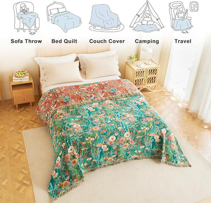 MSGKV Boho Throw Blanket 60"x80" Floral Blankets for Bed 100% Cotton Twin Size Couch Blanket Lightweight Farmhouse Muslin Breathable Home Decor All Seasons