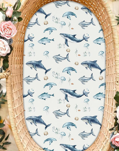 Bassinet Sheets for Baby Girls Boys 2 Pack, Fitted Baby Mattress Sheet for Rectangle, Oval, Hourglass Bassinet Mattress, Breathable Cozy & Universal Fit (Aquatic Adventures)