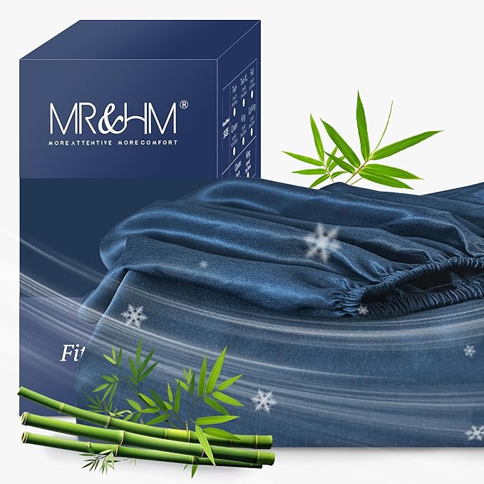 MR&HM Twin XL Fitted Sheet Only, Ultra-Soft Rayon Derived from Bamboo & Polyester Blend, Silky & Breathable, 15" Deep Pocket with Elastic Straps, Cooling Fitted Sheet for Hot Sleepers, Navy Blue