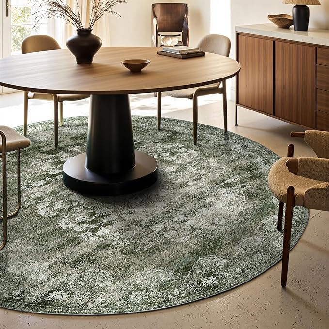 jinchan Round Rug 6ft Area Rug - Green Vintage Floor Mat Kitchen Indoor - Washable Circle 6' Thin Floral Print Christmas Carpet Retro Farmhouse Non Slip Dining Room Living Room Bedroom Office