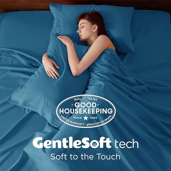 Bedsure Deep Pocket King Sheet Set - Fits Mattresses Up to 21 Inches Thick - 4 Piece GentleSoft Bed Sheets, Moisture Wicking, Soft & Cooling Bedsheet & Pillowcases, Easy & Secure Fit, Teal Blue