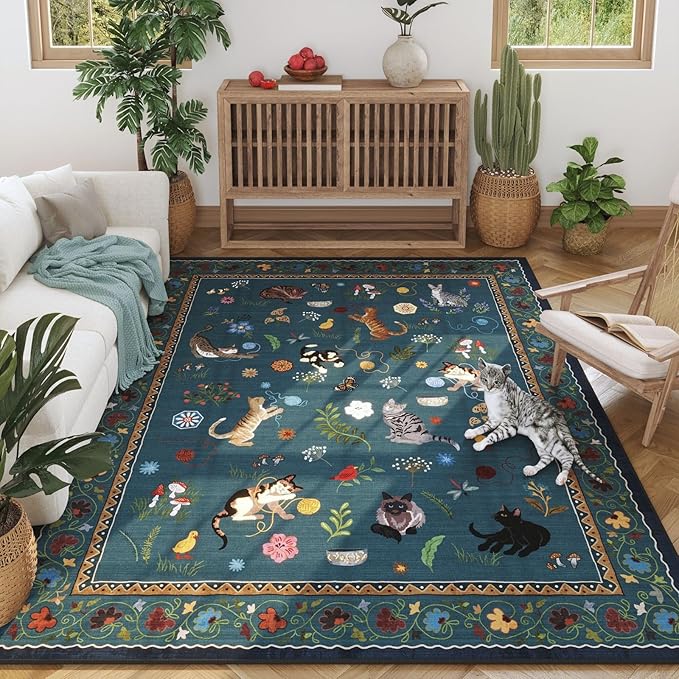 Rugcomf Area Rug 4x6 Rug Washable Boho Rugs Non Slip Low Pile Floral Animal Cat Small Carpet for Bedroom Bedside Kids Room Office Dining Room, Pearl Gentian Blue