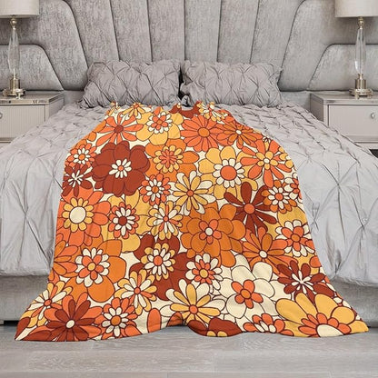 Vintage 70s Throw Blanket, Boho Hippie Bright Orange Flowers Groovy Abstract Funny Art Print Blanket for Couch Sofa Bed 30"x40"