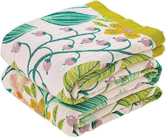 Beige Boho Throw Blanket, 100% Cotton Blankets for Couch Bed, 90"x98"Cotton Quilt Travel Muslin Blankets Farmhouse Home Decor Soft Lightweight Picnic Blanket for Summer