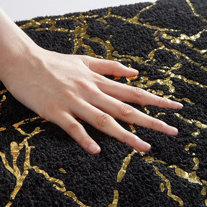 QJHOMO Marble Bathroom Rug Black and Gold Decor Bathroom Rugs Non Slip Bath Mat Super Absorbent Microfiber Plush Bathmat Machine Washable Floor Carpet for Tub, Shower, Bedroom (24x36 inch)