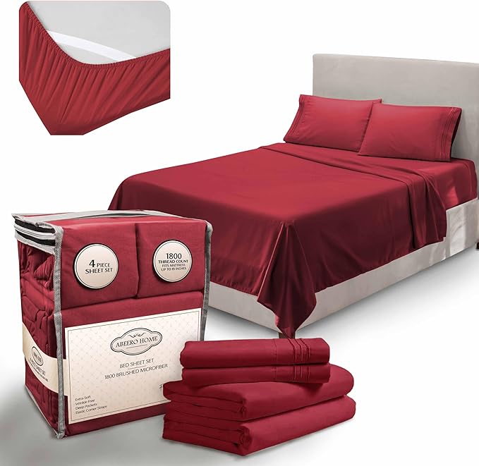 California King Sheet Set - Luxury Hotel Bed Sheets - Soft Cooling Sheet with Elastic Corner Strap - Deep Pocket Microfiber - Bedding Sheets & Pillowcases -4 PC (Cal King Size, Burgundy)