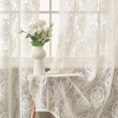 Ivory Vintage Country Floral Lace Sheer Curtains 84 Inches Long -Rod Pocket Light Filtering French Privacy Scalloped Edges Rod Pocket Boho Bedroom ，52 x 84 Inch, 2 Panels