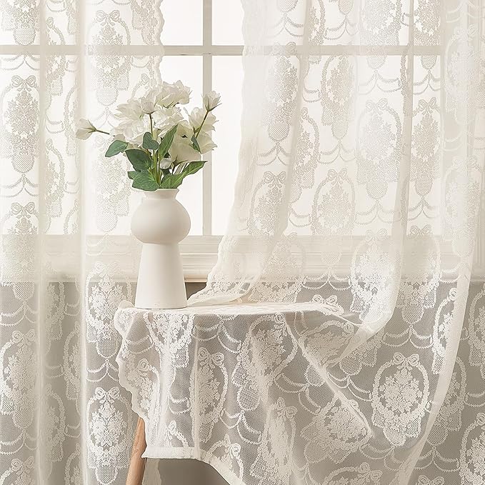 Ivory Vintage Country Floral Lace Sheer Curtains 96 Inches Long -Rod Pocket Light Filtering French Privacy Scalloped Edges Rod Pocket Boho Bedroom ，52 x 96 Inch, 2 Panels