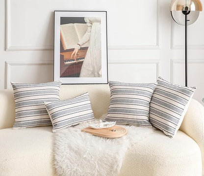 Decorative Boho Throw Pillow Covers, Farmhouse Textured Pillow Case, 22 x 22 Inch Set of 2, Chair Sofa Bedroom Living Room Decor Couch Cushion Case, Navy Blue and Beige Striped