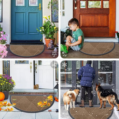 Smiry Half Circle Front Door Mat Outside Entrance, Heavy Duty Sturdy Natural Rubber Doormat, Trap Dirt and Moisture, Low Profile Mats for Indoor Outdoor Entry, Irregular Triangle (29.5x17, Brown)