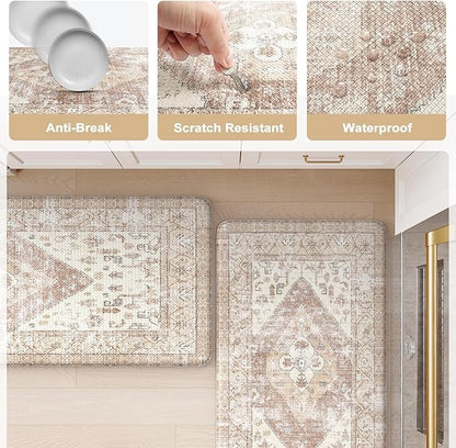 KIMODE Anti Fatigue Kitchen Mats for Floor, Farmhouse Kitchen Rugs Sets of 2, Cushioned Kitchen Floor Mats, Comfort Standing Mats for Sink Laundry Office Desk Khaki 20"x71"+20"x32"