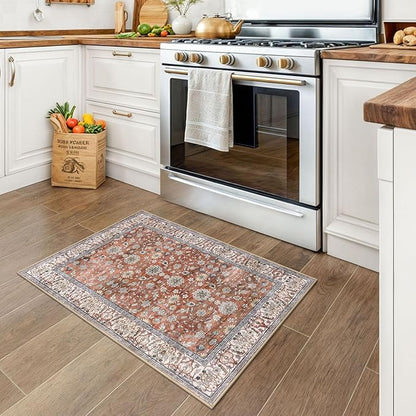 KUTA Vintage Floral Terracotta Entryway Rug 2x3, Kitchen Rugs Non-Slip Washable Throw Rug, Ultra Thin Soft Print Front Door Mat Indoor Doormat for Entrance, Bedside, or Small Spaces