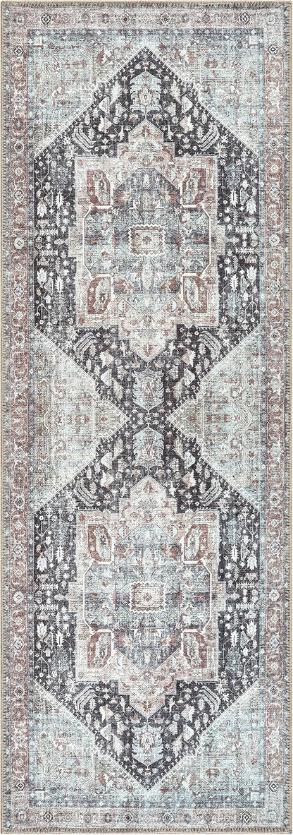 Bloom Rugs Washable Non-Slip 10 ft Runner - Charcoal/Brown Traditional Medallion Runner for Entryway, Hallway, Bathroom, and Kitchen - Exact Size: 2.5' x 10'