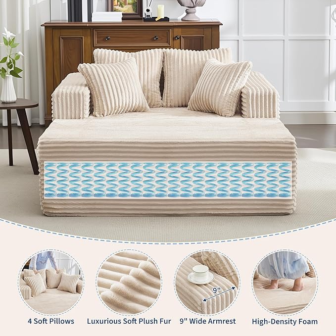 61" Oversized Chaise Lounge Chair Indoor, Boneless Couch Cloud Fluffy Chaise Lounges Corduroy Upholstered Sofa Bed w/Throw Pillows for Living Room Home Camel