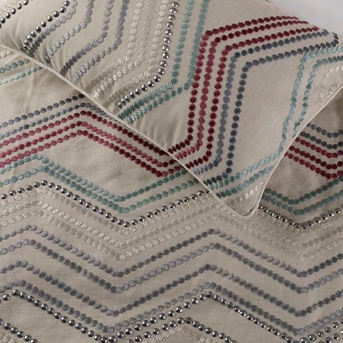The HomeCentric King Queen Twin Beige Linen Bed Runner & Decorative Throw Pillow Cover, Full Size 68"x18" Bed Runner with 2 Pillow Cover, Linen & Embroidery, Chevron Modern Pattern - Dotty Chevron