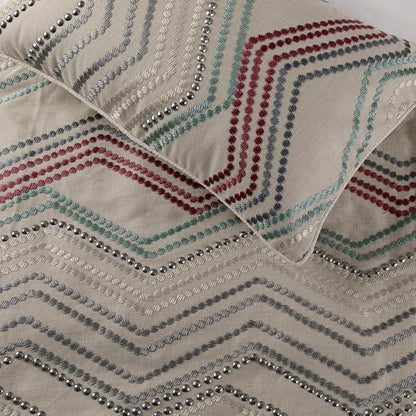 The HomeCentric King Queen Twin Beige Linen Bed Runner & Decorative Throw Pillow Cover, CA King Size 86"x18" Bed Runner & Pillow Cover, Linen & Embroidery, Chevron Modern Pattern - Dotty Chevron