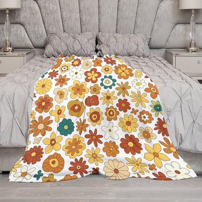 Vintage Hippie Floral Blanket, 70s Boho Abstract Yellow Orange Flowers Funny Print Throw Blanket for Holiday Theme Home Decor Bedding Couch 30"x40"