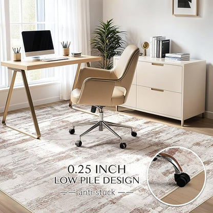 Abstract Living Room Rug 8x10 - Modern Washable Soft Thin Area Rug for Living Room Bedroom Under Dining Table - Neutral Indoor Floor Rug Carpets for Home Office Playroom Nursery - Light Brown