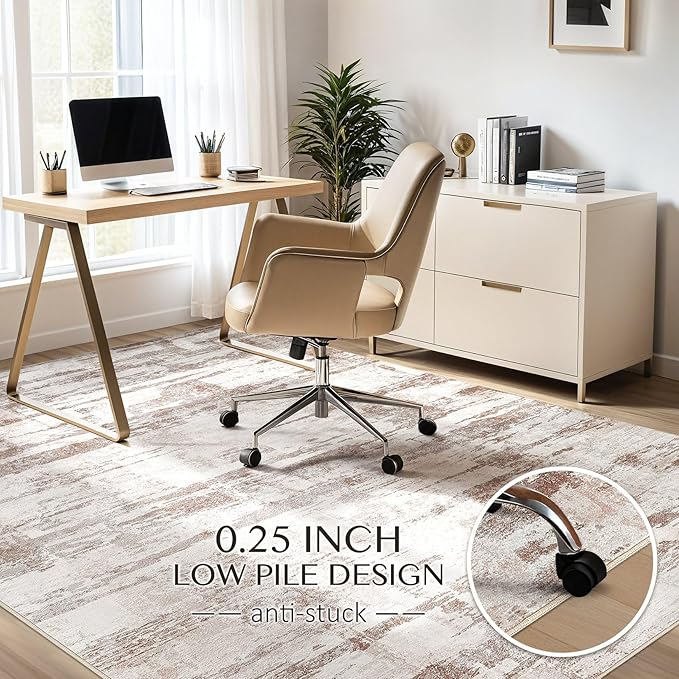 Abstract Living Room Rug 10x14 - Modern Washable Soft Thin Area Rug for Living Room Bedroom Under Dining Table - Neutral Indoor Floor Rug Carpets for Home Office Playroom Nursery - Light Brown