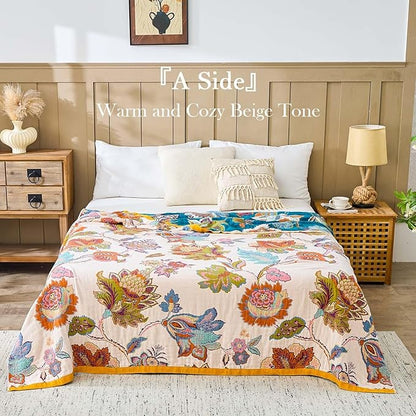 Summer Throw Blanket for Bed, 90"x98" Boho Throw Blankets 100% Cotton Quilts Farmhouse Decoration Warm Soft Blanket Muslin Bed Blankets for Couch Chair
