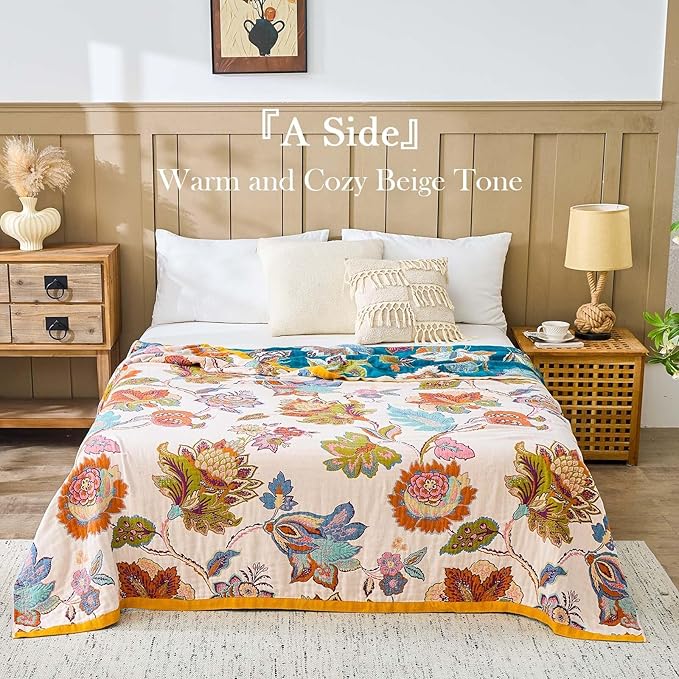 Summer Throw Blanket for Bed, 60"x80" Boho Throw Blankets 100% Cotton Quilts Farmhouse Decoration Warm Soft Blanket Muslin Bed Blankets for Couch Chair