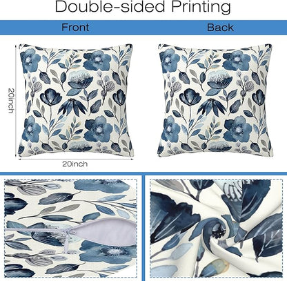 Throw Pillow Covers Blue Floral Pillow Covers 20x20 Inch Set of 2 Throw Pillows Decorative Pillow Cases Cushion Covers for Bedroom Livingroom Sofa Farm House