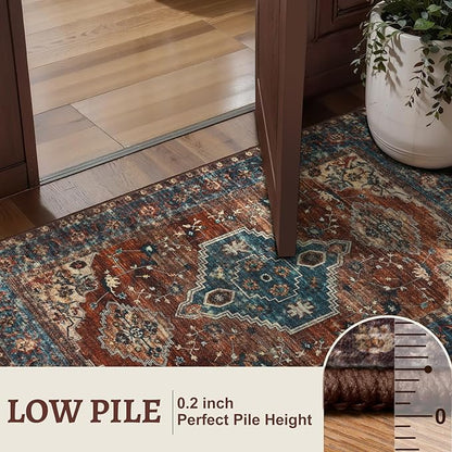 Tangsoo Oriental 2x6 Washable Runner Rug for Hallways, Non Slip Vintage Runner Rug, Soft Low Pile Long Rug Runner, Print Carpet Runners for Kitchen Bedroom Entryway Bathroom Living Room Rust