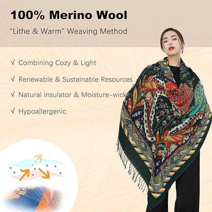 DANA XU 100% Merino Wool Extra Large Pashmina Blanket Travel Scarf Cashmere Wrap for Women Fall Winter Oversize Shawl Floral
