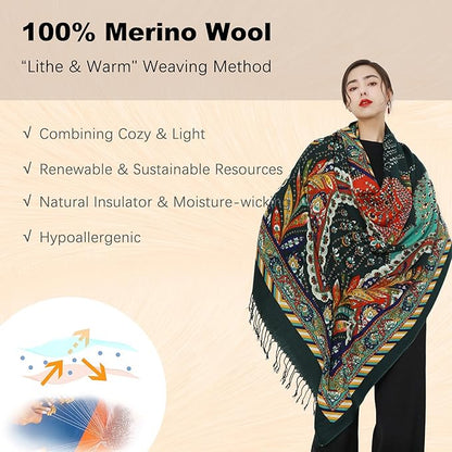 DANA XU 100% Merino Wool Extra Large Pashmina Blanket Travel Scarf Cashmere Wrap for Women Fall Winter Oversize Shawl Floral