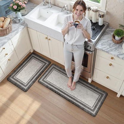 KIMODE Anti Fatigue Kitchen Mats for Floor 2PCS,17"x47"+17"x29" Farmhouse Kitchen Rugs Non Slip Rubber Backing,Waterproof Cushioned Standing Mat for Office,Laundry,Sink,Desk,Grey
